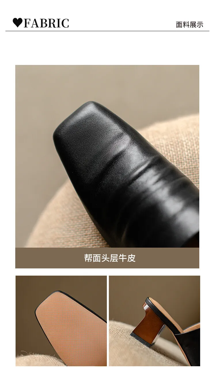 High-end semi-slipper spring/summer style cowhide slippers, comfortable closed toe, chunky heel, high heel, square toe, retro style, women's shoes for outdoor wear, 4-6h