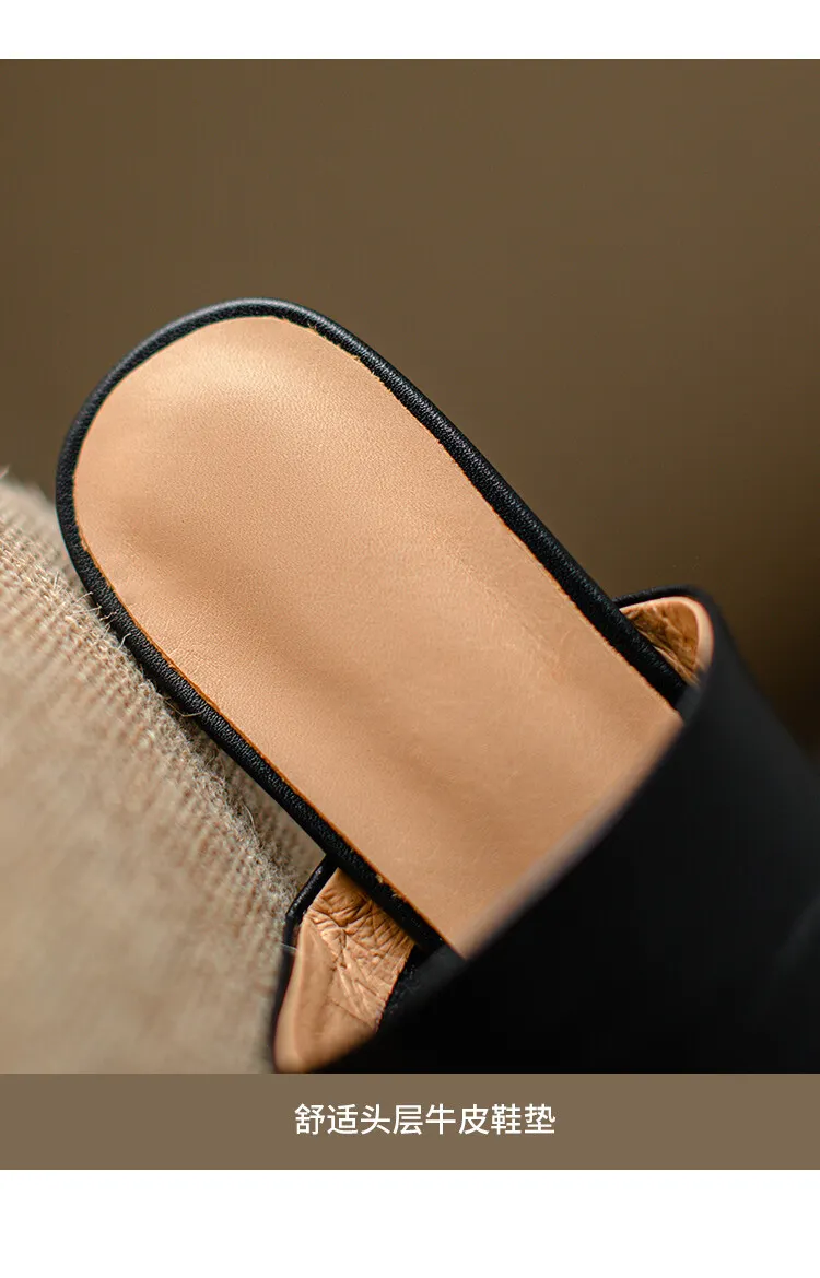 High-end semi-slipper spring/summer style cowhide slippers, comfortable closed toe, chunky heel, high heel, square toe, retro style, women's shoes for outdoor wear, 4-6h