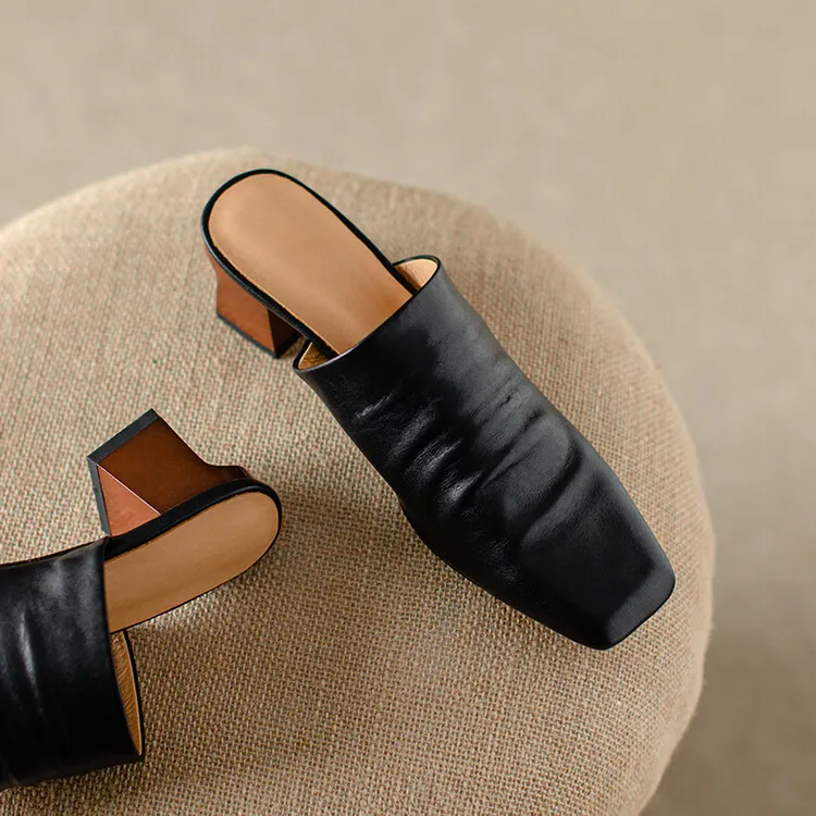 High-end semi-slipper spring/summer style cowhide slippers, comfortable closed toe, chunky heel, high heel, square toe, retro style, women's shoes for outdoor wear, 4-6h