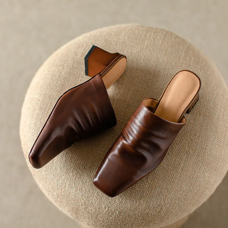 High-end semi-slipper spring/summer style cowhide slippers, comfortable closed toe, chunky heel, high heel, square toe, retro style, women's shoes for outdoor wear, 4-6h