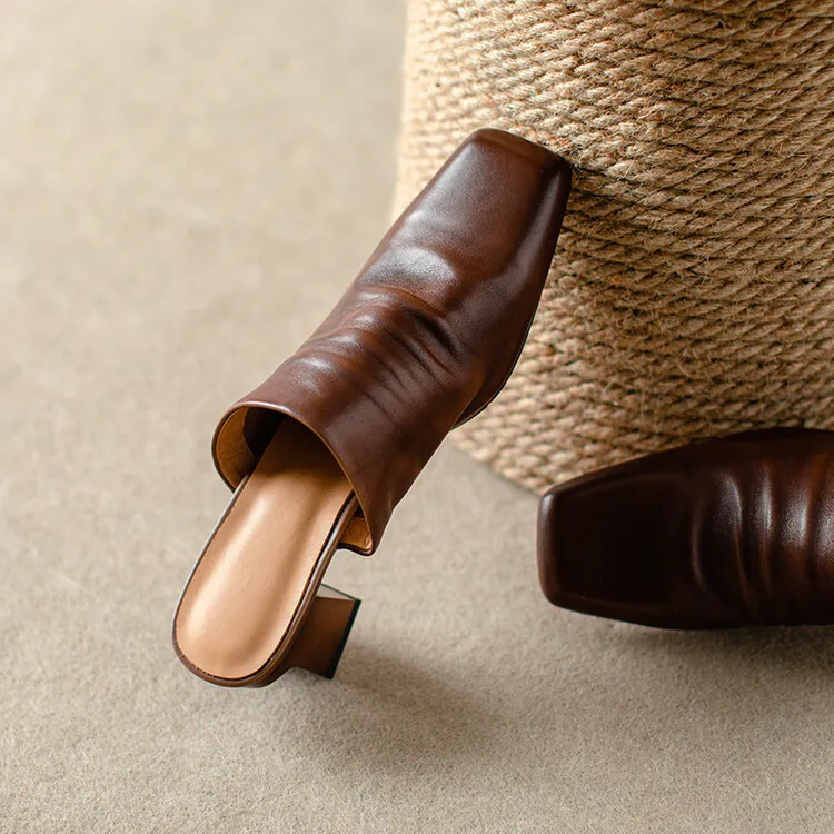 High-end semi-slipper spring/summer style cowhide slippers, comfortable closed toe, chunky heel, high heel, square toe, retro style, women's shoes for outdoor wear, 4-6h