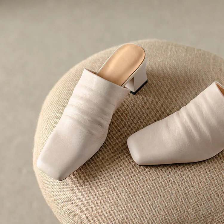 High-end semi-slipper spring/summer style cowhide slippers, comfortable closed toe, chunky heel, high heel, square toe, retro style, women's shoes for outdoor wear, 4-6h