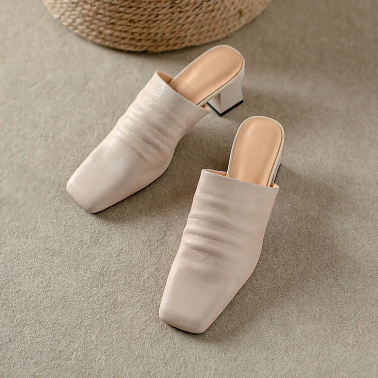 High-end semi-slipper spring/summer style cowhide slippers, comfortable closed toe, chunky heel, high heel, square toe, retro style, women's shoes for outdoor wear, 4-6h