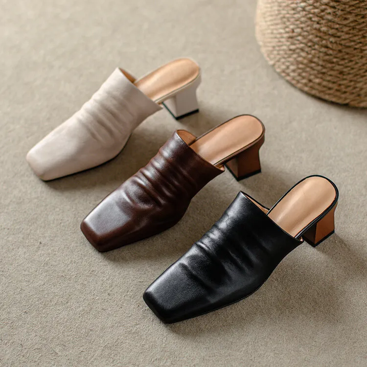 High-end semi-slipper spring/summer style cowhide slippers, comfortable closed toe, chunky heel, high heel, square toe, retro style, women's shoes for outdoor wear, 4-6h