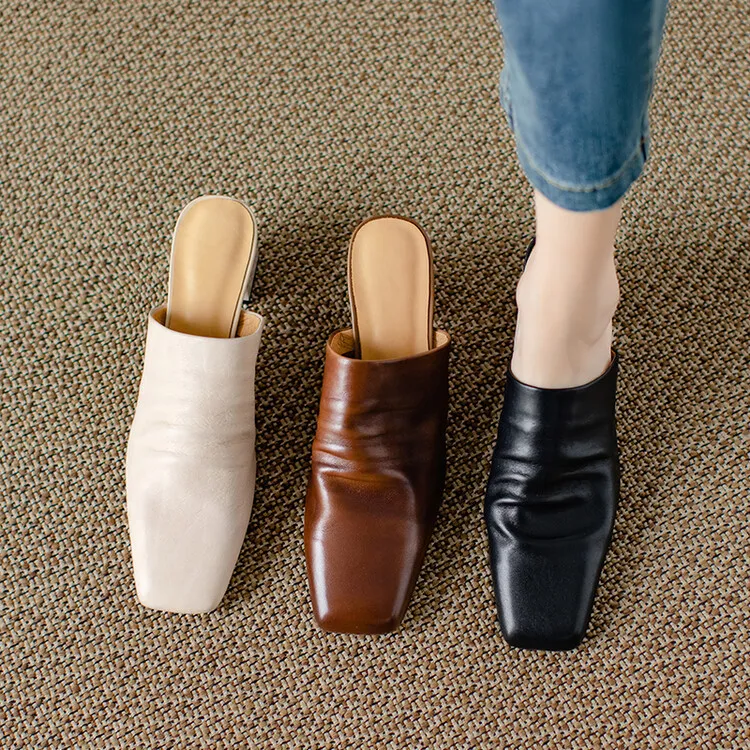 High-end semi-slipper spring/summer style cowhide slippers, comfortable closed toe, chunky heel, high heel, square toe, retro style, women's shoes for outdoor wear, 4-6h