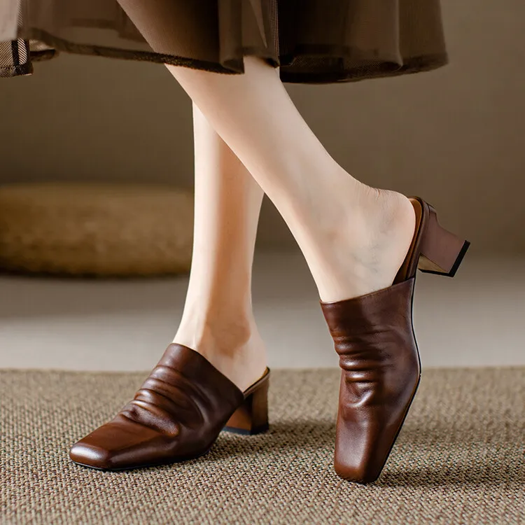 High-end semi-slipper spring/summer style cowhide slippers, comfortable closed toe, chunky heel, high heel, square toe, retro style, women's shoes for outdoor wear, 4-6h