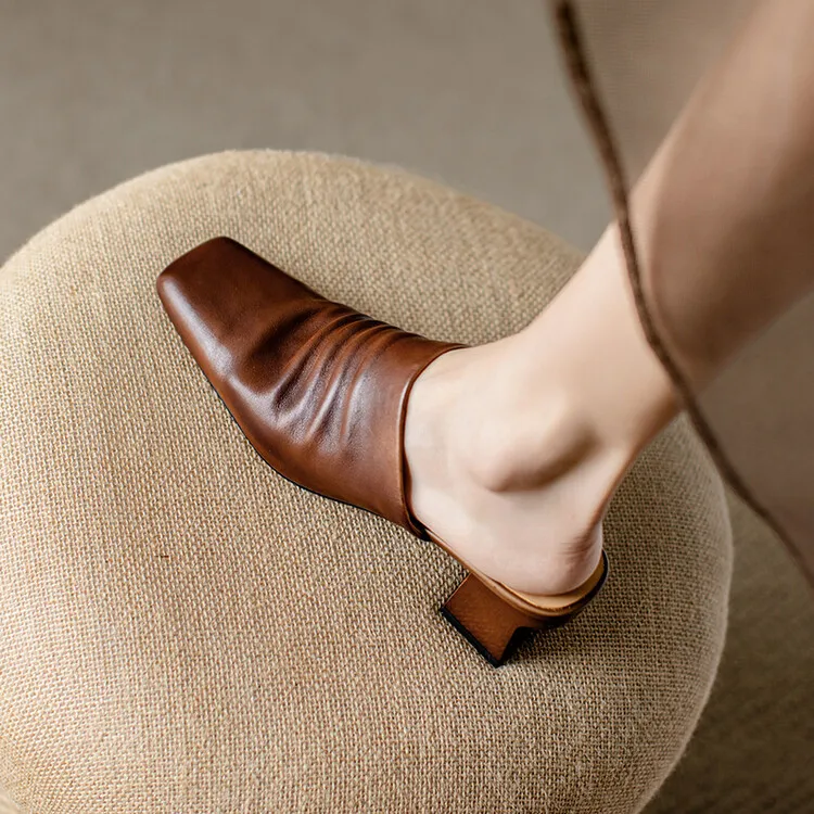 High-end semi-slipper spring/summer style cowhide slippers, comfortable closed toe, chunky heel, high heel, square toe, retro style, women's shoes for outdoor wear, 4-6h