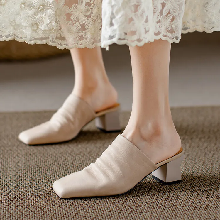 High-end semi-slipper spring/summer style cowhide slippers, comfortable closed toe, chunky heel, high heel, square toe, retro style, women's shoes for outdoor wear, 4-6h