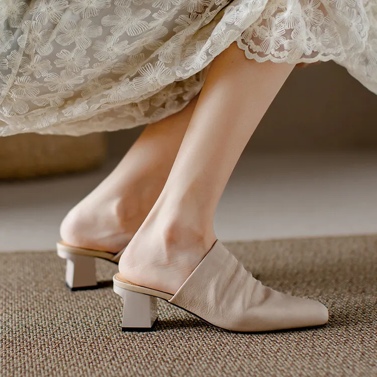 High-end semi-slipper spring/summer style cowhide slippers, comfortable closed toe, chunky heel, high heel, square toe, retro style, women's shoes for outdoor wear, 4-6h