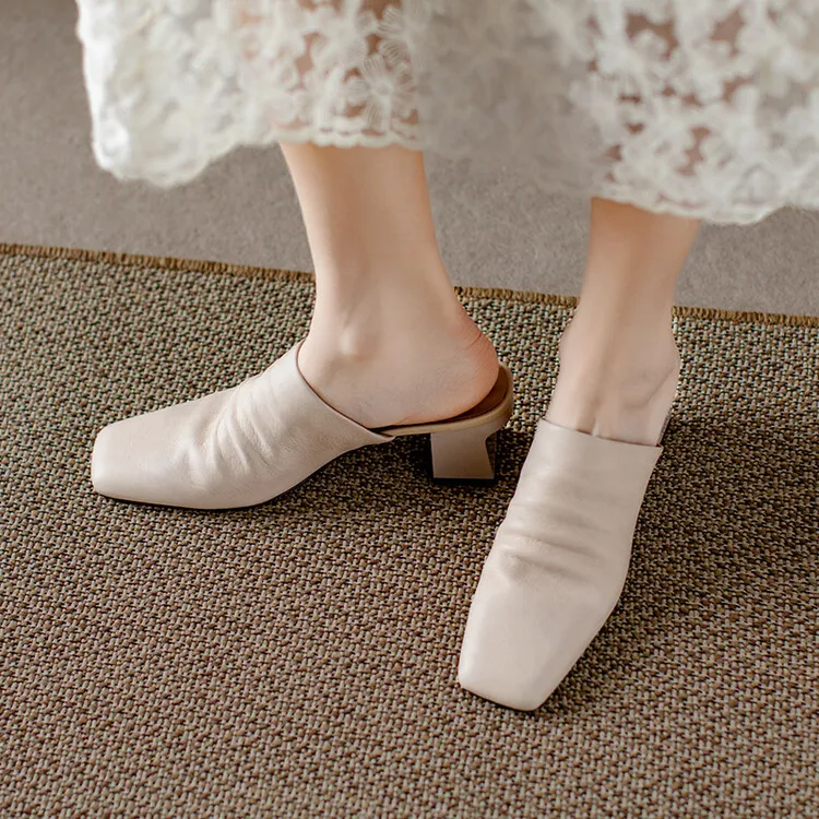 High-end semi-slipper spring/summer style cowhide slippers, comfortable closed toe, chunky heel, high heel, square toe, retro style, women's shoes for outdoor wear, 4-6h