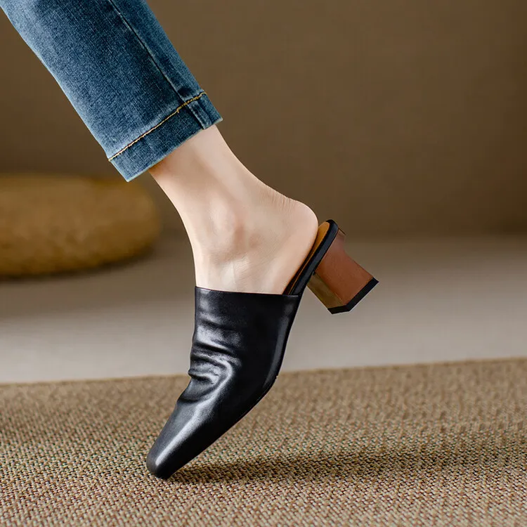 High-end semi-slipper spring/summer style cowhide slippers, comfortable closed toe, chunky heel, high heel, square toe, retro style, women's shoes for outdoor wear, 4-6h