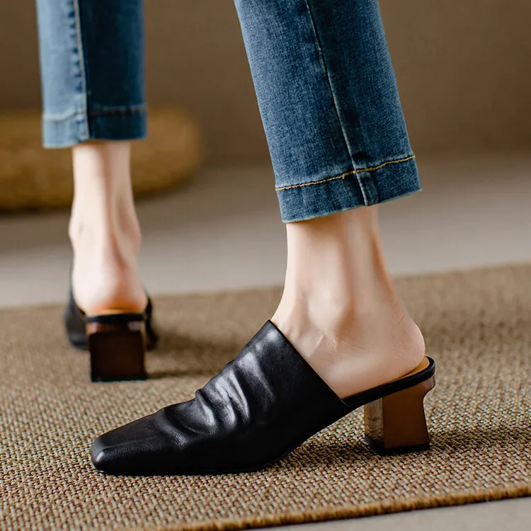 High-end semi-slipper spring/summer style cowhide slippers, comfortable closed toe, chunky heel, high heel, square toe, retro style, women's shoes for outdoor wear, 4-6h