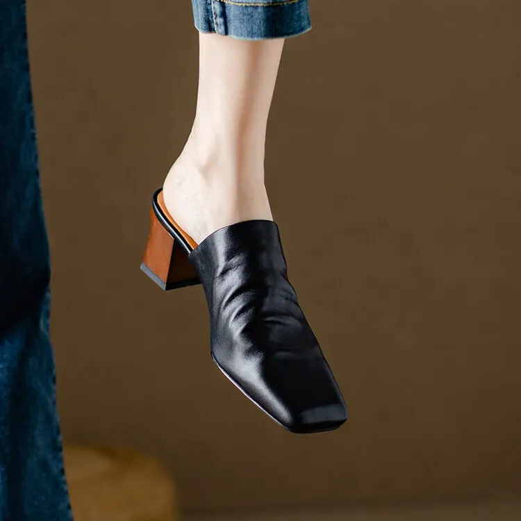 High-end semi-slipper spring/summer style cowhide slippers, comfortable closed toe, chunky heel, high heel, square toe, retro style, women's shoes for outdoor wear, 4-6h