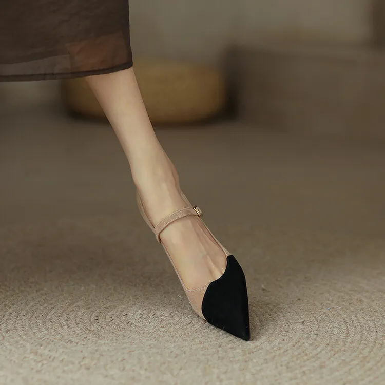 Spring and Autumn Stiletto High-Heeled Pointed Toe Color Block Korean Style Single Shoes French One-Strap Strap Low Mouth Women's Shoes 4-6p
