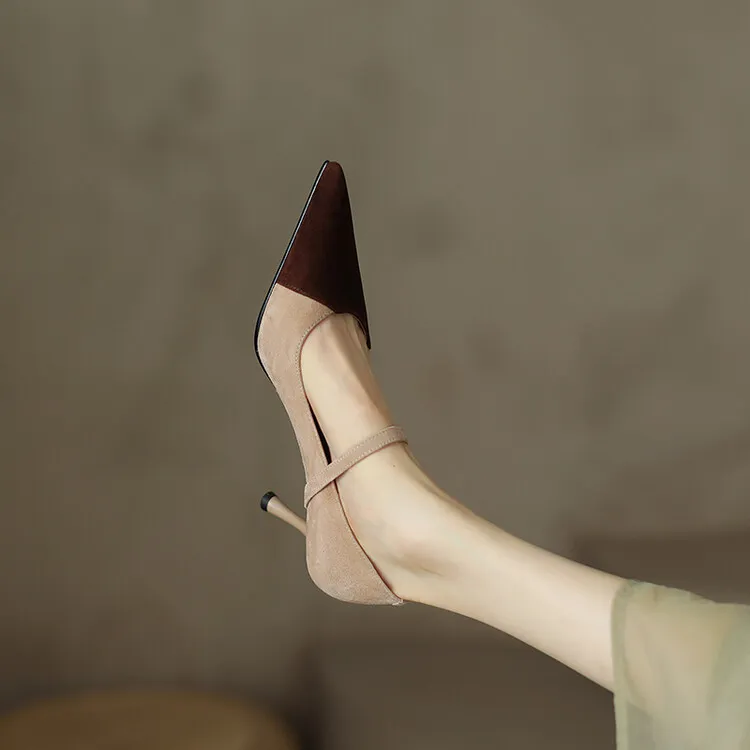 Spring and Autumn Stiletto High-Heeled Pointed Toe Color Block Korean Style Single Shoes French One-Strap Strap Low Mouth Women's Shoes 4-6p