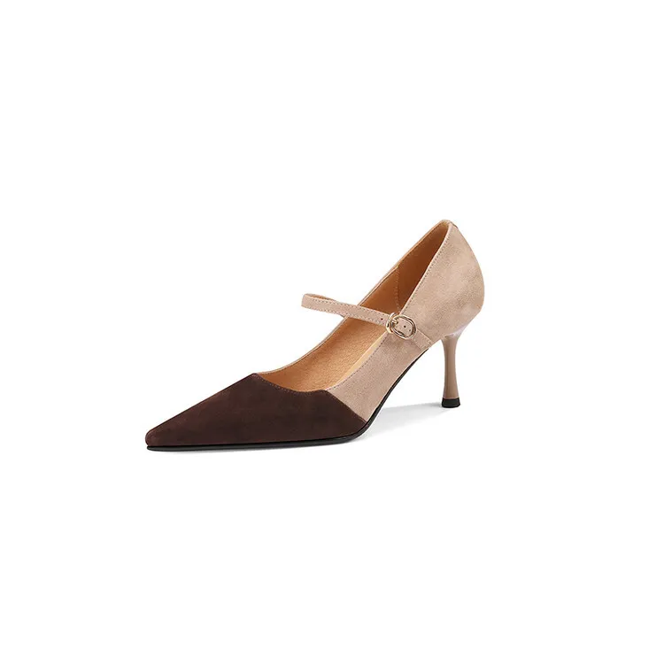 Spring and Autumn Stiletto High-Heeled Pointed Toe Color Block Korean Style Single Shoes French One-Strap Strap Low Mouth Women's Shoes 4-6p