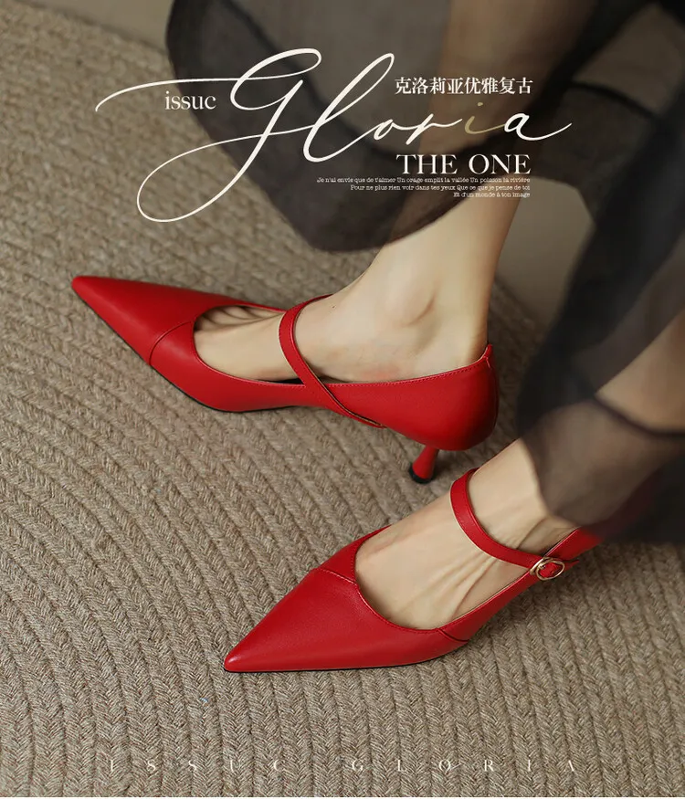 Spring and Autumn Stiletto High-Heeled Pointed Toe Color Block Korean Style Single Shoes French One-Strap Strap Low Mouth Women's Shoes 4-6p