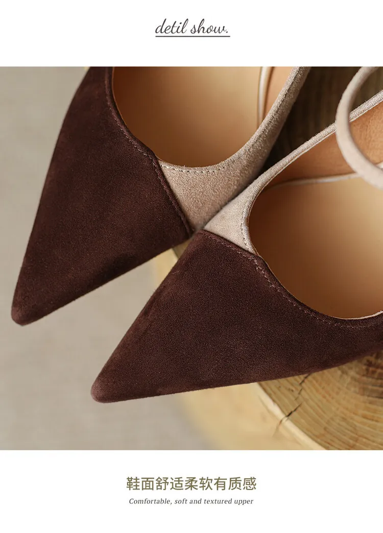 Spring and Autumn Stiletto High-Heeled Pointed Toe Color Block Korean Style Single Shoes French One-Strap Strap Low Mouth Women's Shoes 4-6p