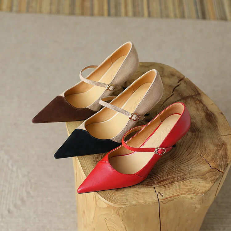 Spring and Autumn Stiletto High-Heeled Pointed Toe Color Block Korean Style Single Shoes French One-Strap Strap Low Mouth Women's Shoes 4-6p