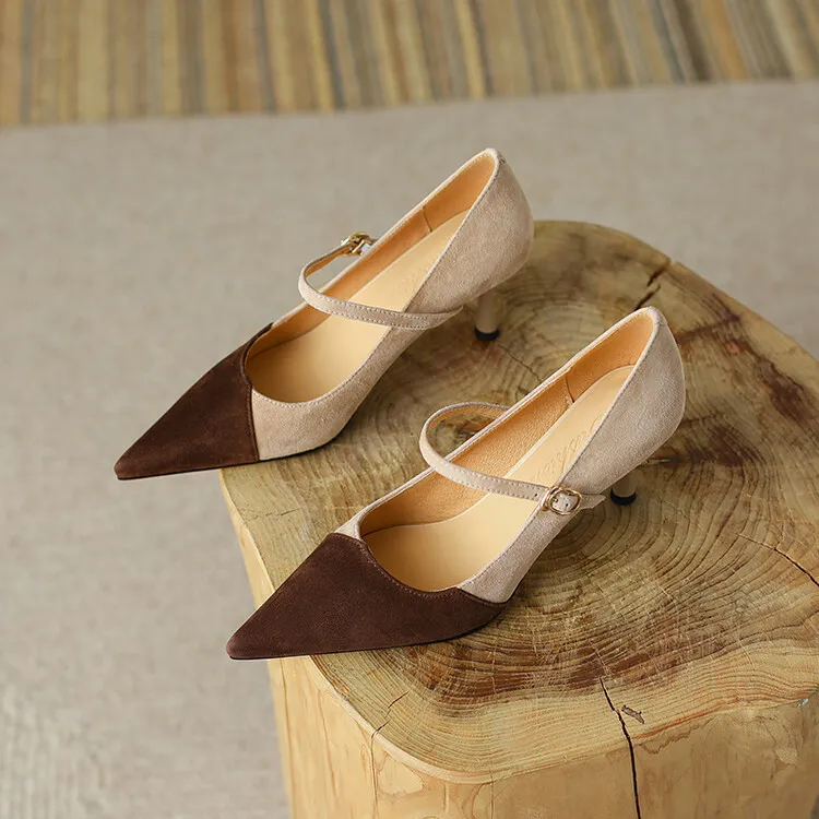 Spring and Autumn Stiletto High-Heeled Pointed Toe Color Block Korean Style Single Shoes French One-Strap Strap Low Mouth Women's Shoes 4-6p
