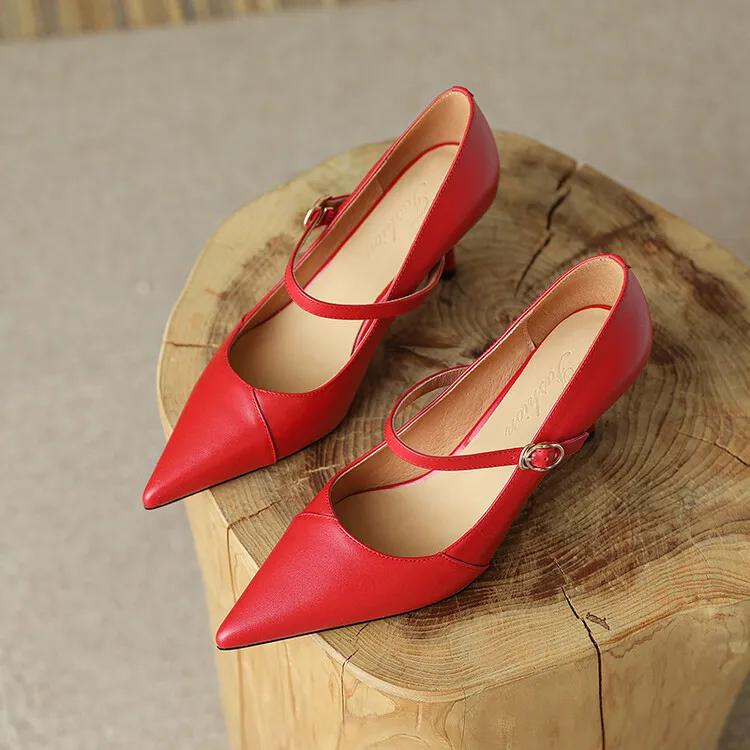 Spring and Autumn Stiletto High-Heeled Pointed Toe Color Block Korean Style Single Shoes French One-Strap Strap Low Mouth Women's Shoes 4-6p