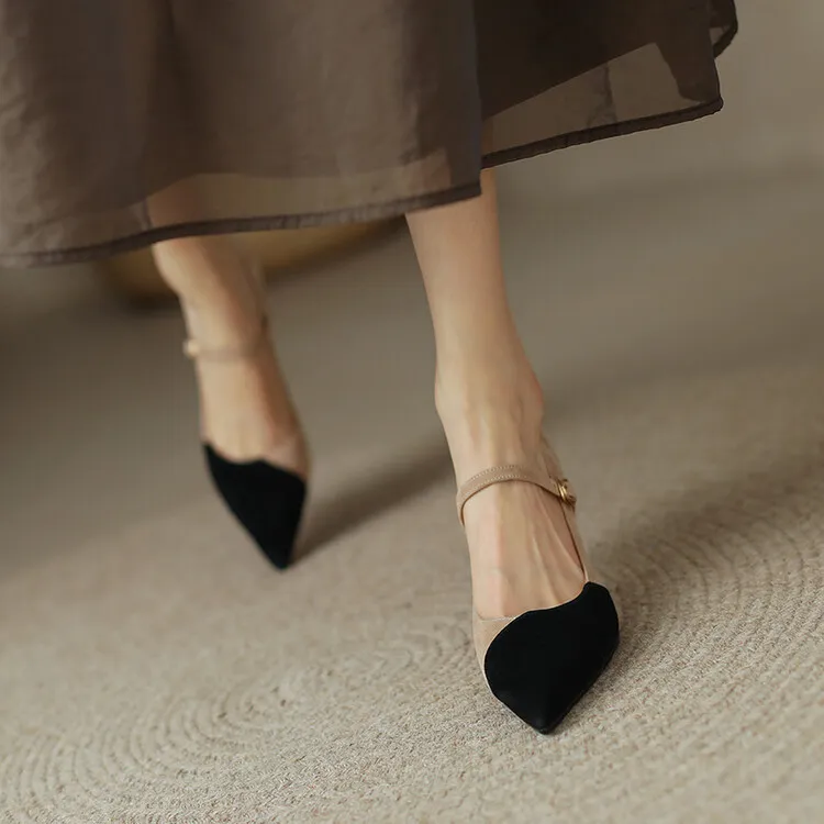 Spring and Autumn Stiletto High-Heeled Pointed Toe Color Block Korean Style Single Shoes French One-Strap Strap Low Mouth Women's Shoes 4-6p
