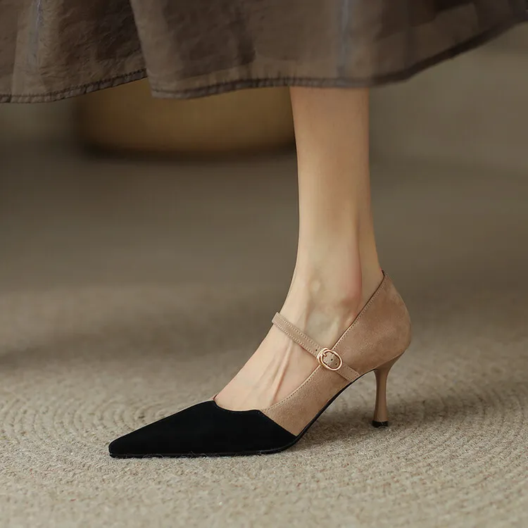 Spring and Autumn Stiletto High-Heeled Pointed Toe Color Block Korean Style Single Shoes French One-Strap Strap Low Mouth Women's Shoes 4-6p