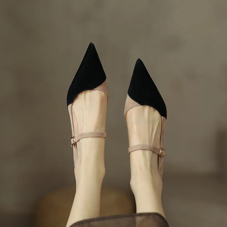 Spring and Autumn Stiletto High-Heeled Pointed Toe Color Block Korean Style Single Shoes French One-Strap Strap Low Mouth Women's Shoes 4-6p
