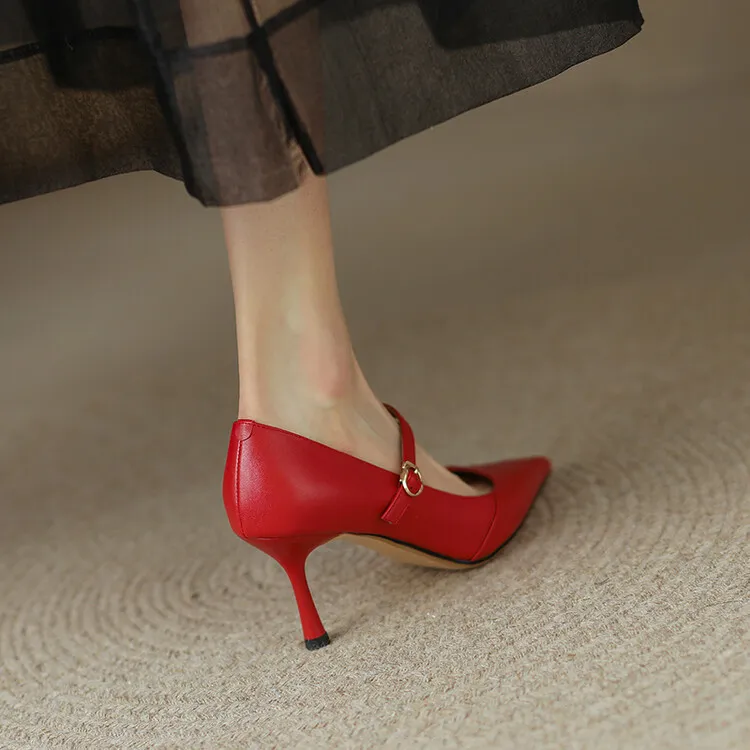 Spring and Autumn Stiletto High-Heeled Pointed Toe Color Block Korean Style Single Shoes French One-Strap Strap Low Mouth Women's Shoes 4-6p