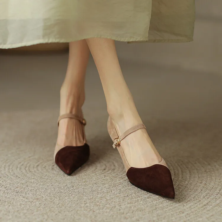 Spring and Autumn Stiletto High-Heeled Pointed Toe Color Block Korean Style Single Shoes French One-Strap Strap Low Mouth Women's Shoes 4-6p