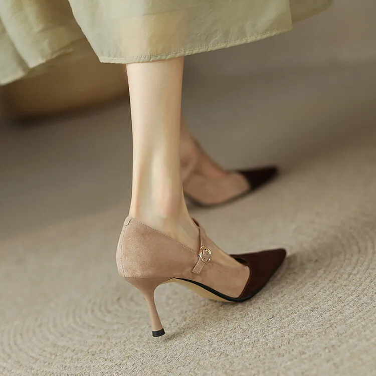 Spring and Autumn Stiletto High-Heeled Pointed Toe Color Block Korean Style Single Shoes French One-Strap Strap Low Mouth Women's Shoes 4-6p
