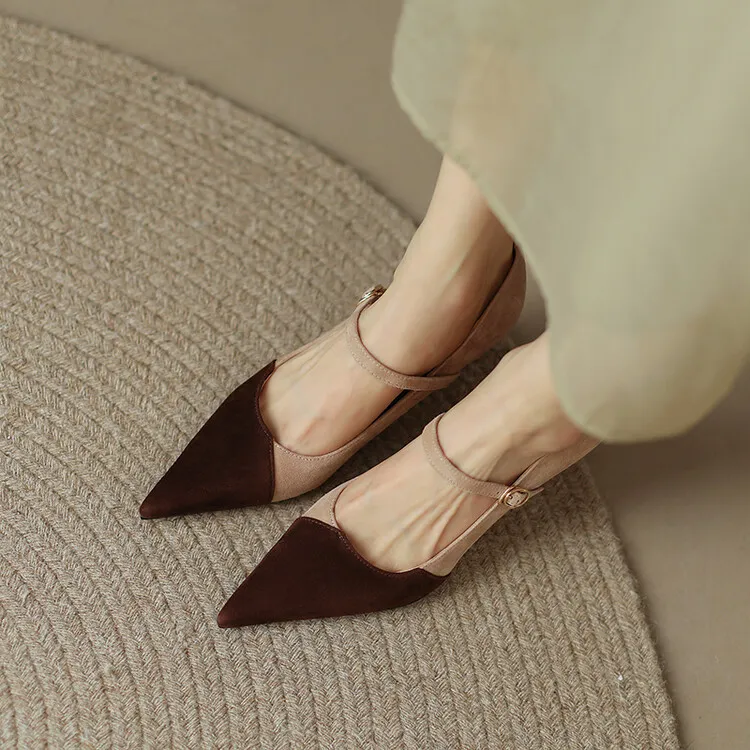 Spring and Autumn Stiletto High-Heeled Pointed Toe Color Block Korean Style Single Shoes French One-Strap Strap Low Mouth Women's Shoes 4-6p