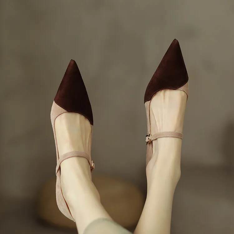 Spring and Autumn Stiletto High-Heeled Pointed Toe Color Block Korean Style Single Shoes French One-Strap Strap Low Mouth Women's Shoes 4-6p