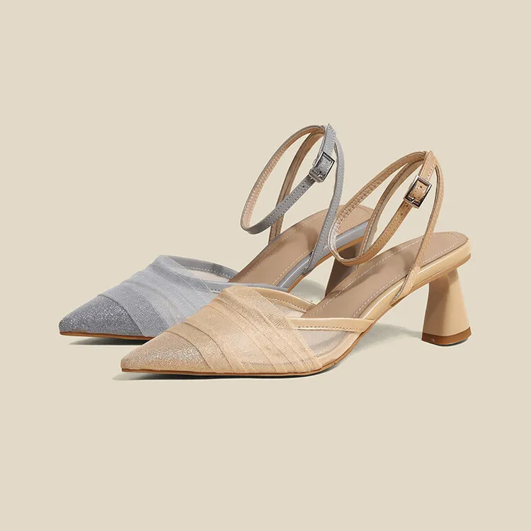 2023 Spring/Summer Fairy-Style Mesh Closed-Toe Sandals with Pointed Toe and Straps, Perfect for Pairing with Skirts and Heels (4-10o)