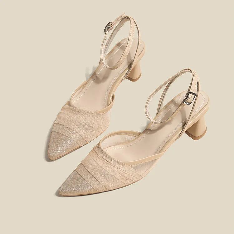 2023 Spring/Summer Fairy-Style Mesh Closed-Toe Sandals with Pointed Toe and Straps, Perfect for Pairing with Skirts and Heels (4-10o)