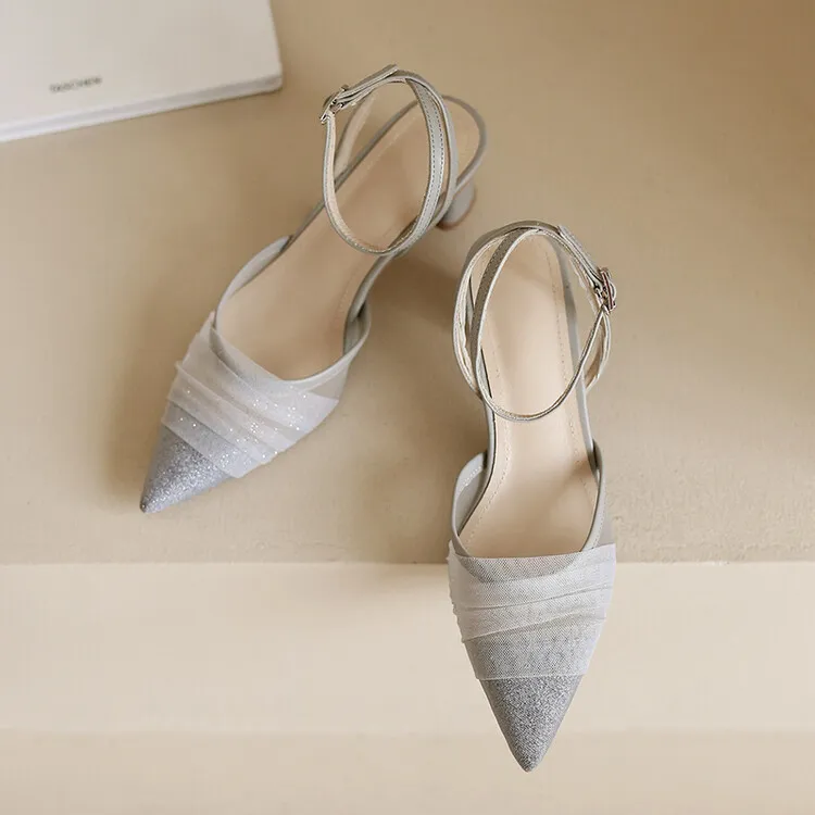 2023 Spring/Summer Fairy-Style Mesh Closed-Toe Sandals with Pointed Toe and Straps, Perfect for Pairing with Skirts and Heels (4-10o)