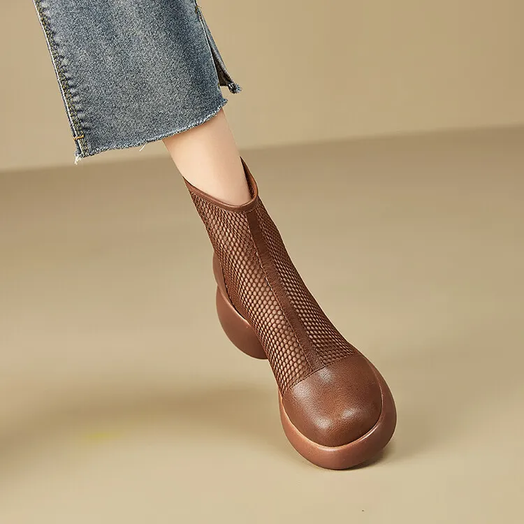 Thin mesh Martin boots, women's leather chunky heel hollowed-out short boots, fashionable spring and summer thick-soled sandals, 4-10c