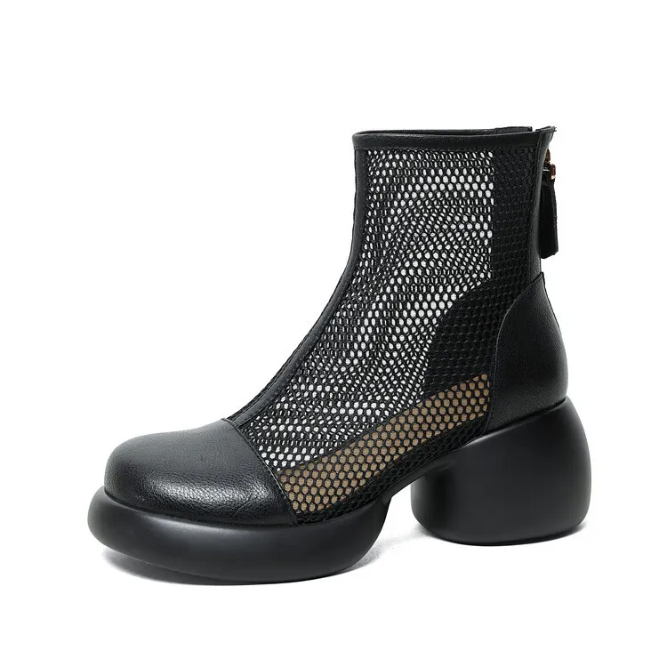 Thin mesh Martin boots, women's leather chunky heel hollowed-out short boots, fashionable spring and summer thick-soled sandals, 4-10c