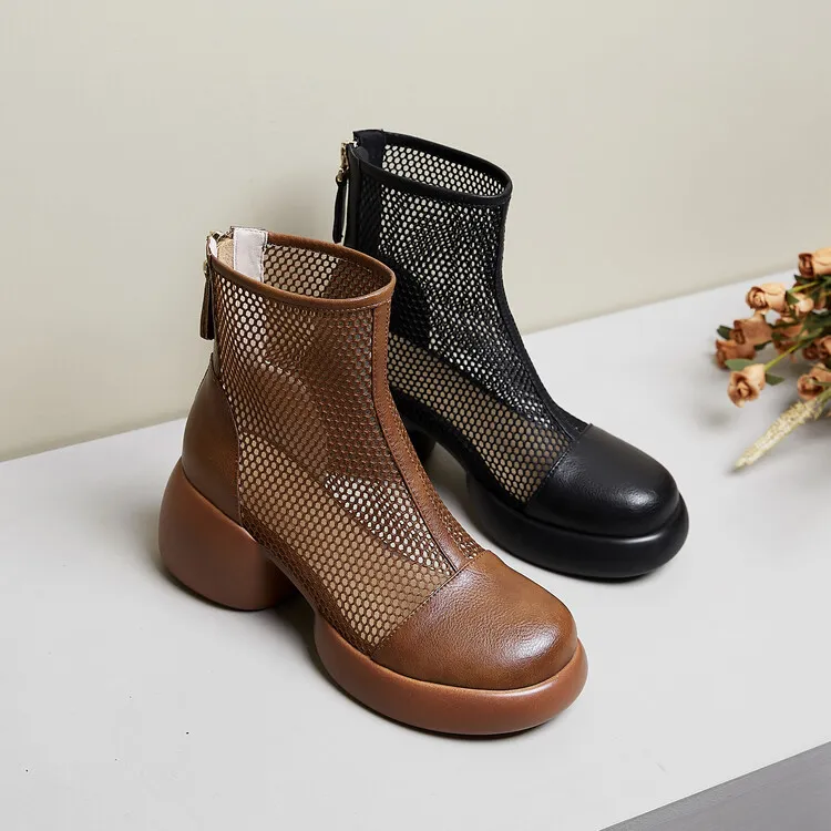 Thin mesh Martin boots, women's leather chunky heel hollowed-out short boots, fashionable spring and summer thick-soled sandals, 4-10c