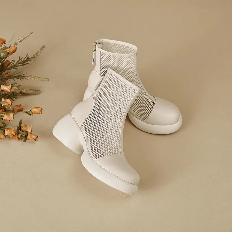 Thin mesh Martin boots, women's leather chunky heel hollowed-out short boots, fashionable spring and summer thick-soled sandals, 4-10c