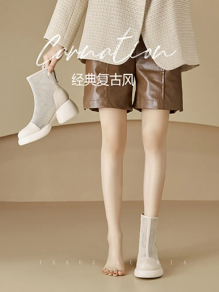 Thin mesh Martin boots, women's leather chunky heel hollowed-out short boots, fashionable spring and summer thick-soled sandals, 4-10c