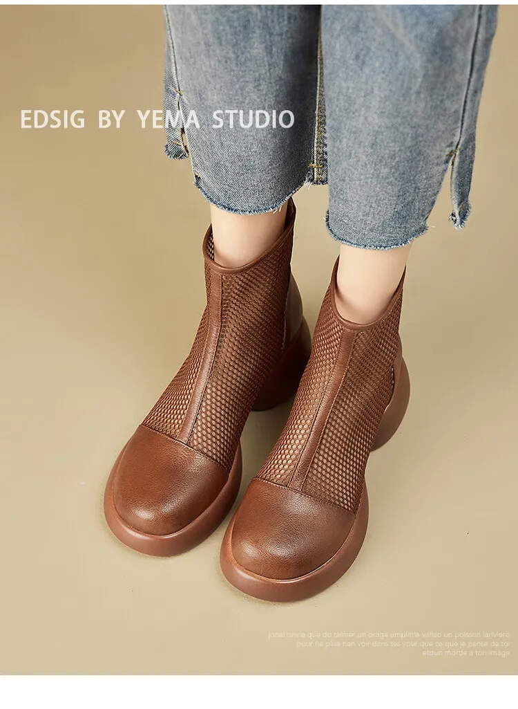 Thin mesh Martin boots, women's leather chunky heel hollowed-out short boots, fashionable spring and summer thick-soled sandals, 4-10c
