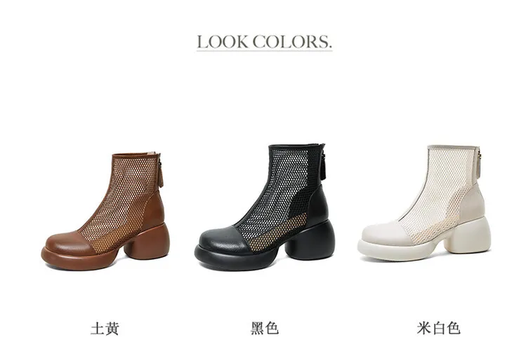 Thin mesh Martin boots, women's leather chunky heel hollowed-out short boots, fashionable spring and summer thick-soled sandals, 4-10c