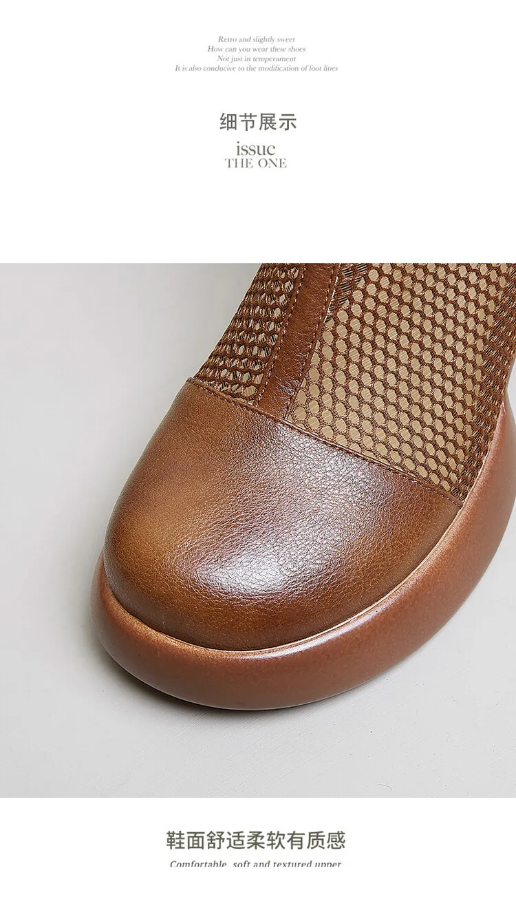 Thin mesh Martin boots, women's leather chunky heel hollowed-out short boots, fashionable spring and summer thick-soled sandals, 4-10c