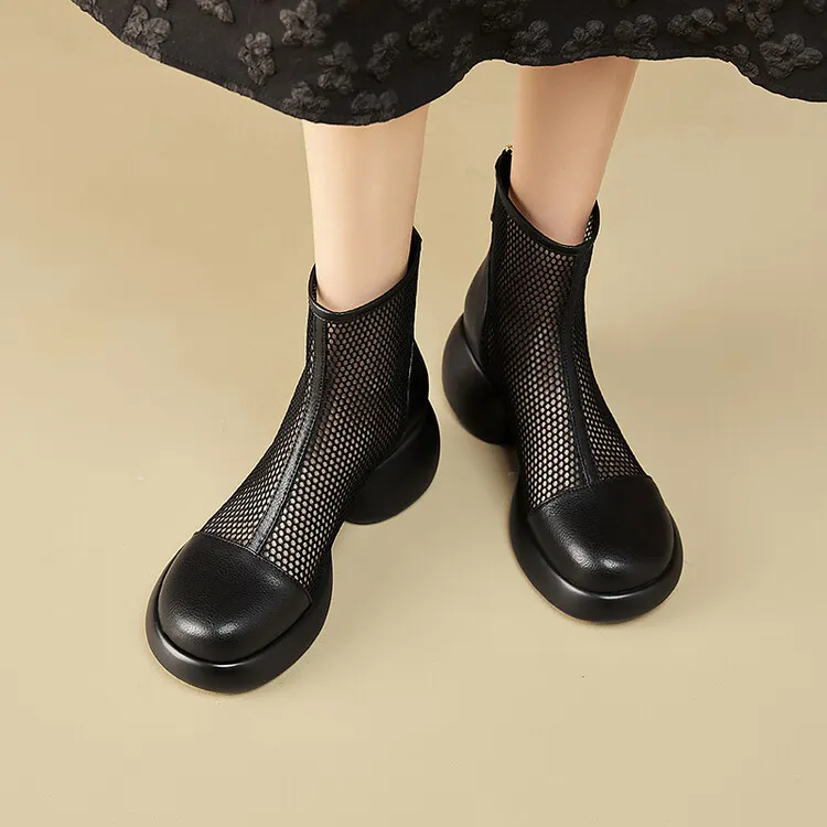 Thin mesh Martin boots, women's leather chunky heel hollowed-out short boots, fashionable spring and summer thick-soled sandals, 4-10c