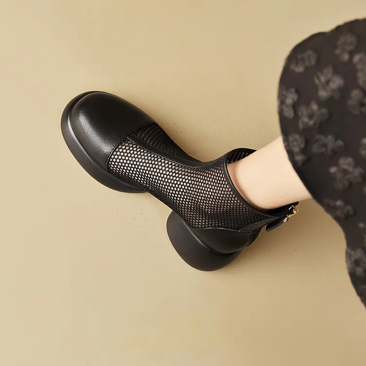Thin mesh Martin boots, women's leather chunky heel hollowed-out short boots, fashionable spring and summer thick-soled sandals, 4-10c