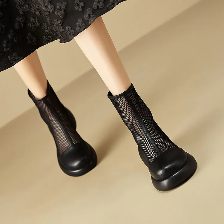 Thin mesh Martin boots, women's leather chunky heel hollowed-out short boots, fashionable spring and summer thick-soled sandals, 4-10c