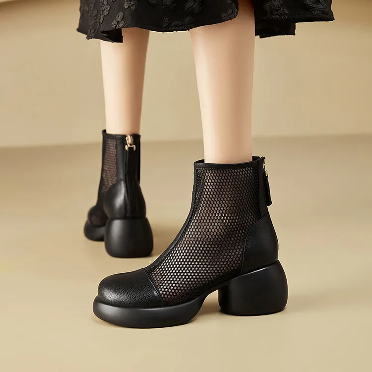 Thin mesh Martin boots, women's leather chunky heel hollowed-out short boots, fashionable spring and summer thick-soled sandals, 4-10c