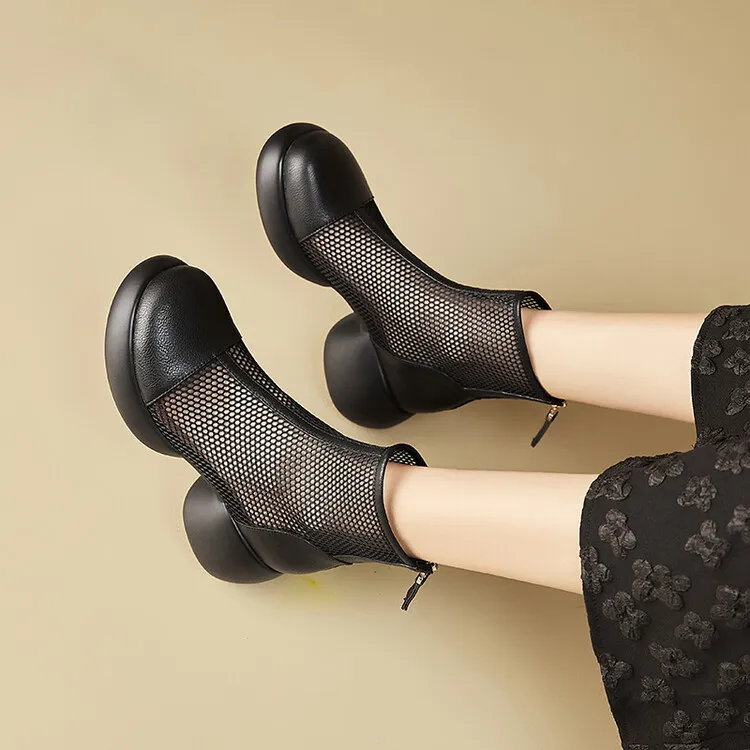 Thin mesh Martin boots, women's leather chunky heel hollowed-out short boots, fashionable spring and summer thick-soled sandals, 4-10c