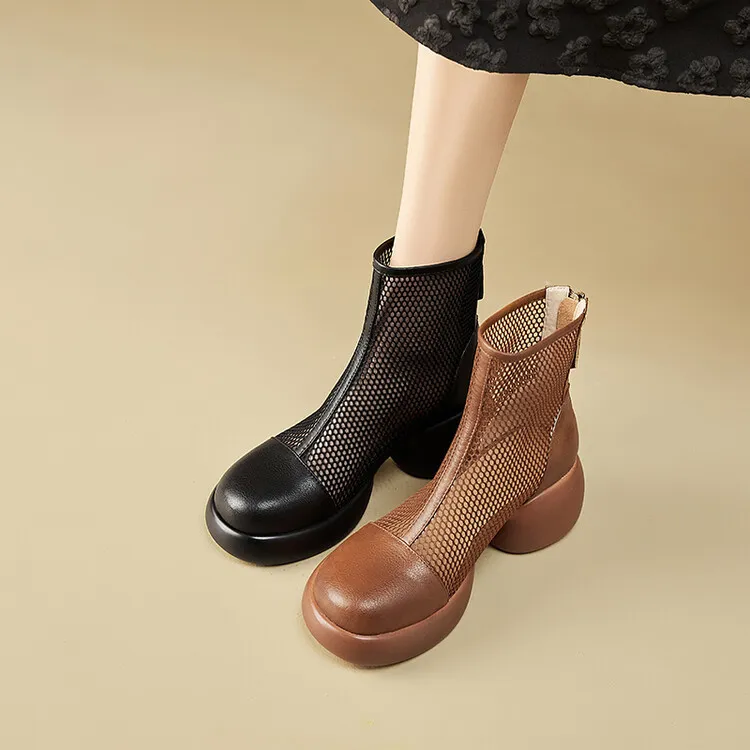 Thin mesh Martin boots, women's leather chunky heel hollowed-out short boots, fashionable spring and summer thick-soled sandals, 4-10c